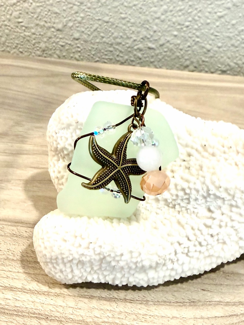 7. Mint green sea glass necklace with starfish and beads